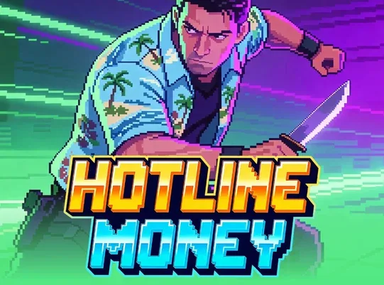 The 100HP cover art for Hotline Money: the agent with a knife above the neon pixel logo